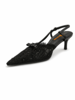 ⁦Pointed Toe Lace Bow Slingback Heels⁩ - الصورة ⁦8⁩